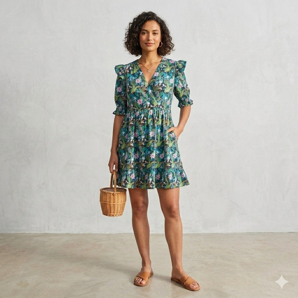 Joy Joy Mini Dress Womens Small Green Mushroom Floral Ruffle Puff Sleeve‎ Cotton